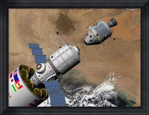 Framed Command Module Prepares to Dock with a Phobos Mission Rocket in Earth Orbit Print