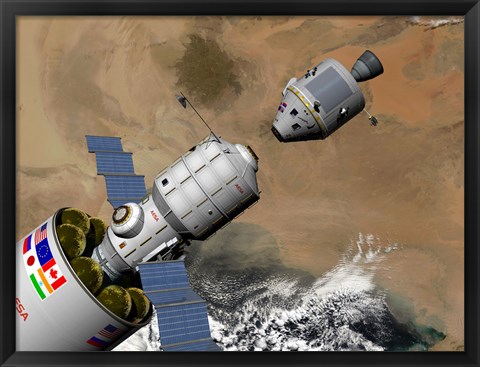 Framed Command Module Prepares to Dock with a Phobos Mission Rocket in Earth Orbit Print