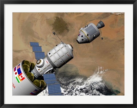 Framed Command Module Prepares to Dock with a Phobos Mission Rocket in Earth Orbit Print