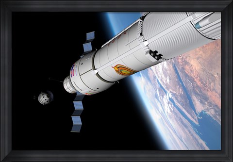 Framed Command Module Approaches an Awaiting Rocket in Earth Orbit Print