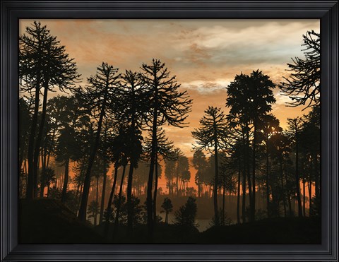 Framed Forest of Cordaites and Araucaria Silhouetted Against a Colorful Sunset Print