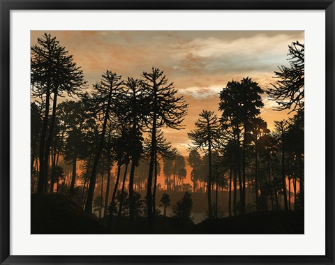 Framed Forest of Cordaites and Araucaria Silhouetted Against a Colorful Sunset Print