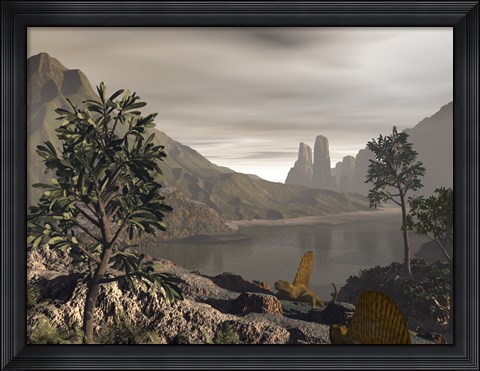 Framed Pair of Carnivorous Dimetrodon Explore an Early Permian Landscape Print