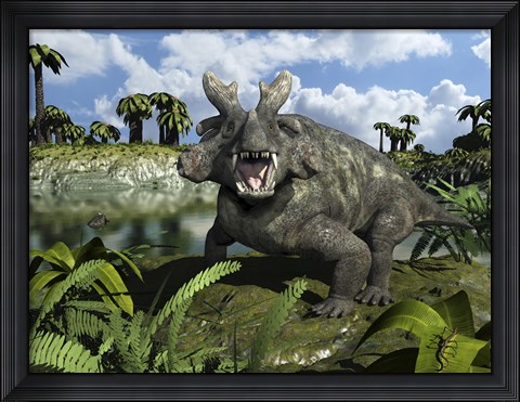 Framed Estemmenosuchus Mirabilis Stands Before a Lake 255 Million years ago Print