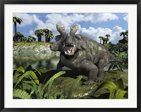 Framed Estemmenosuchus Mirabilis Stands Before a Lake 255 Million years ago Print