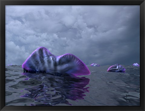 Framed Portuguese Man o&#39; War Swarm over the Surface of a Cambrian Ocean Print