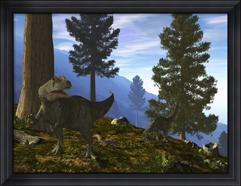 Framed Pair of Allosaurus Search for a Meal along a Mountainside Forest Print