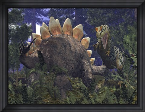 Framed Allosaurus Stumbles upon a Grazing Stegosaurus Print