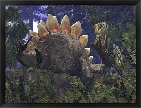 Framed Allosaurus Stumbles upon a Grazing Stegosaurus Print