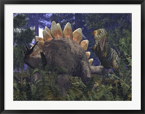 Framed Allosaurus Stumbles upon a Grazing Stegosaurus Print