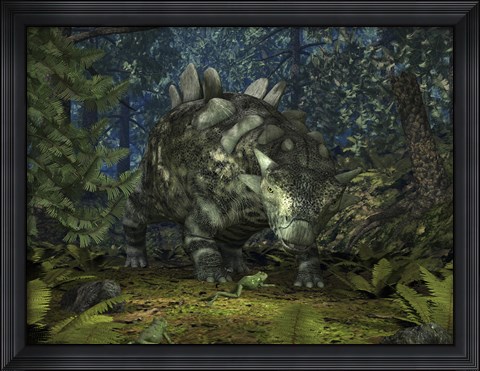 Framed Crichtonsaurus Crosses paths with a Pair of Frogs within a Cretaceous Forest Print