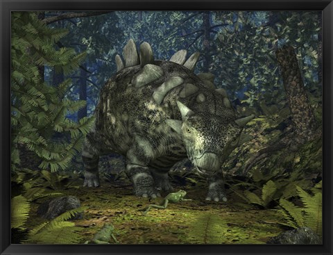 Framed Crichtonsaurus Crosses paths with a Pair of Frogs within a Cretaceous Forest Print