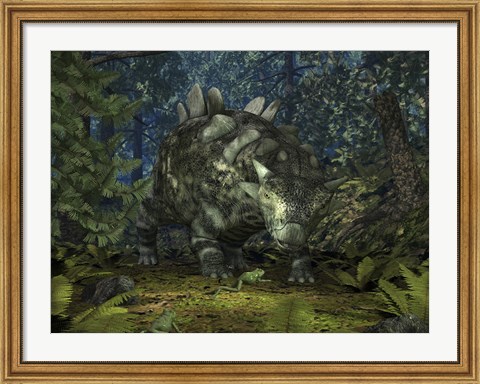 Framed Crichtonsaurus Crosses paths with a Pair of Frogs within a Cretaceous Forest Print