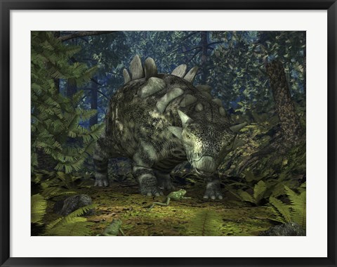 Framed Crichtonsaurus Crosses paths with a Pair of Frogs within a Cretaceous Forest Print