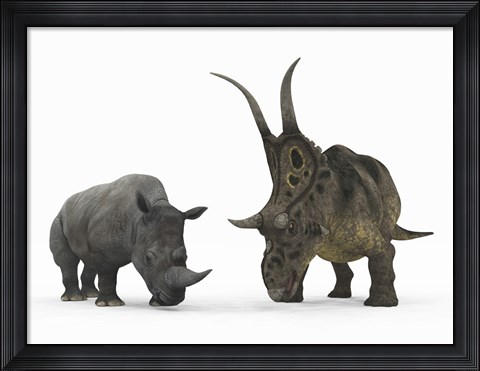 Framed Adult Diabloceratops Compared to a Modern adult White Rhinoceros Print