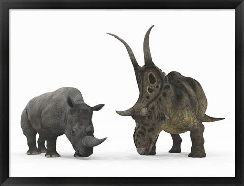 Framed Adult Diabloceratops Compared to a Modern adult White Rhinoceros Print