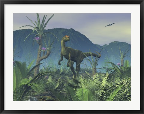 Framed Colorful Adult Male Dilophosaurus Explores a Hilltop Print