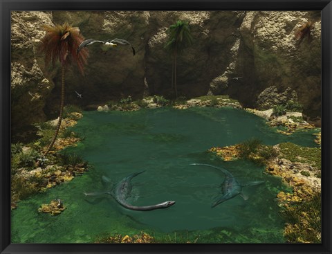 Framed Pair of Elasmosaurus Engage in a Swimming Courtship Dance Print