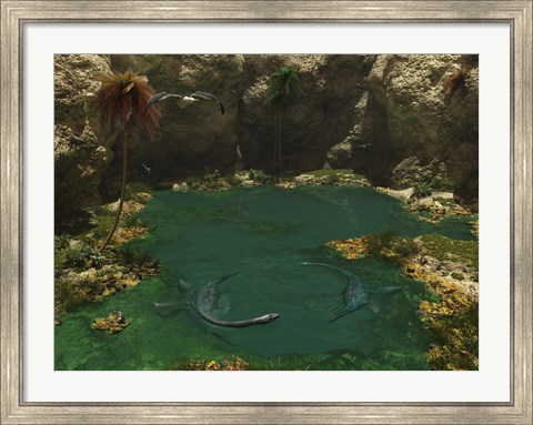 Framed Pair of Elasmosaurus Engage in a Swimming Courtship Dance Print