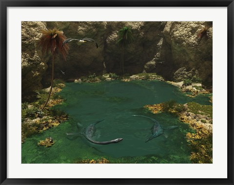 Framed Pair of Elasmosaurus Engage in a Swimming Courtship Dance Print