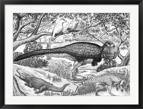 Framed Black ink Drawing of Extinct Animals From the Hell Creek Formation Print