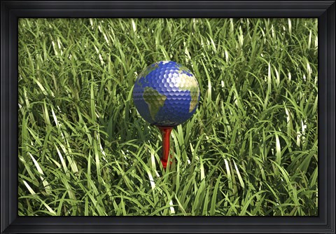 Framed 3D Rendering of an Earth Golf Ball on Tree in the Grass Print