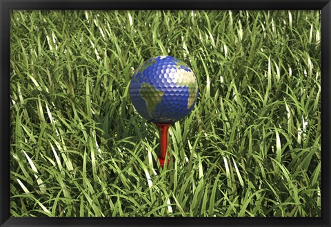 Framed 3D Rendering of an Earth Golf Ball on Tree in the Grass Print