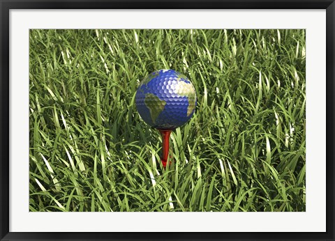 Framed 3D Rendering of an Earth Golf Ball on Tree in the Grass Print