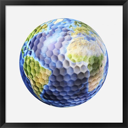 Framed 3D rendering of a planet Earth Golf Ball, White Background Print