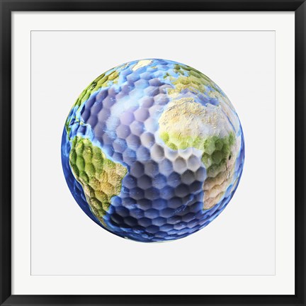 Framed 3D rendering of a planet Earth Golf Ball, White Background Print