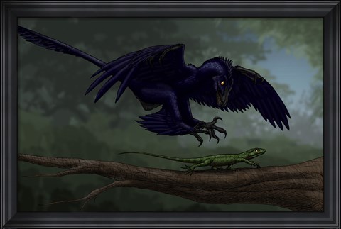 Framed Microraptor Hunting a Small Lizard on a Tree Branch Print