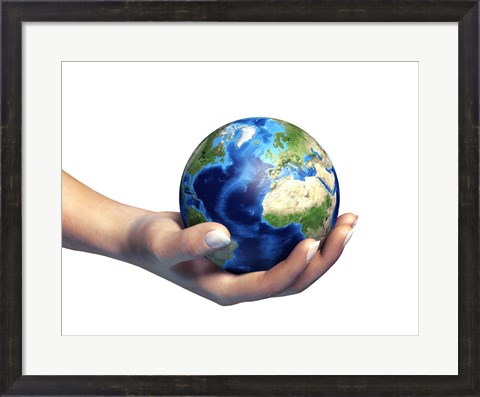 Framed Human Hand Holding Planet Earth Print