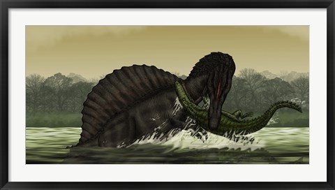 Framed Spinosaurus Catches a Young Stomatosuchus Print