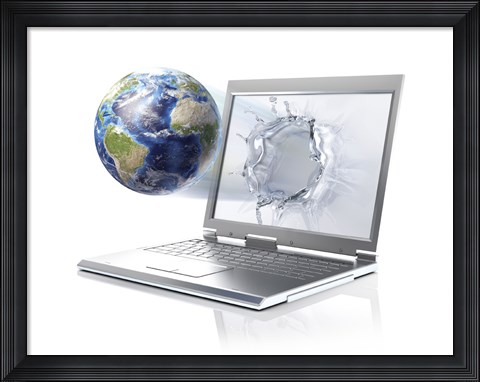 Framed Planet Earth Globe Coming Out From a Laptop Computer Print