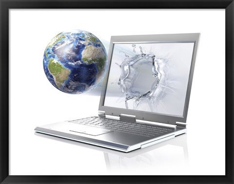 Framed Planet Earth Globe Coming Out From a Laptop Computer Print