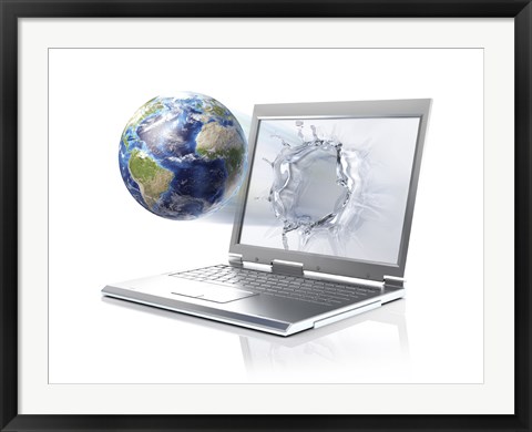 Framed Planet Earth Globe Coming Out From a Laptop Computer Print