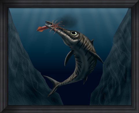 Framed Ophthalmosaurus Catches a Squid in the Deep Sea Print