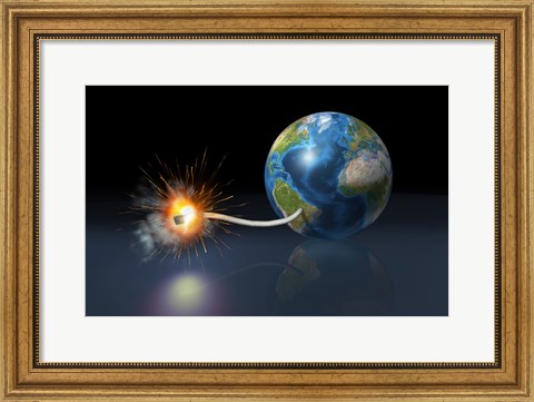 Framed Earth Globe with a Fuse Lighted up as a Time Bomb Print