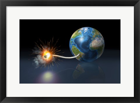 Framed Earth Globe with a Fuse Lighted up as a Time Bomb Print