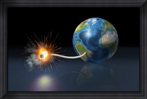 Framed Earth Globe with a Fuse Lighted up as a Time Bomb Print