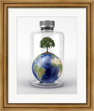 Framed Planet Earth with a Tree on Top, inside a Glass Bottle Print