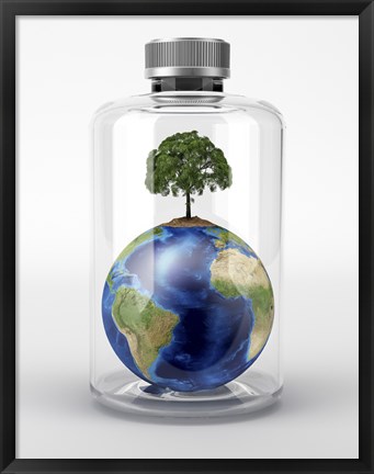 Framed Planet Earth with a Tree on Top, inside a Glass Bottle Print