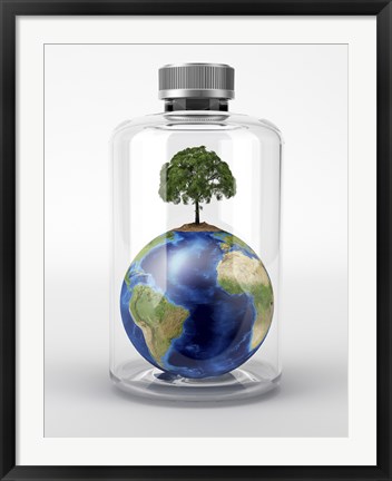 Framed Planet Earth with a Tree on Top, inside a Glass Bottle Print