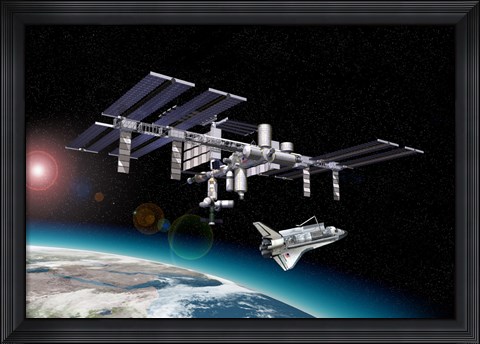 Framed Space Station in Orbit Around Earth with Space Shuttle Print