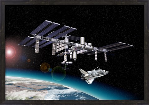 Framed Space Station in Orbit Around Earth with Space Shuttle Print
