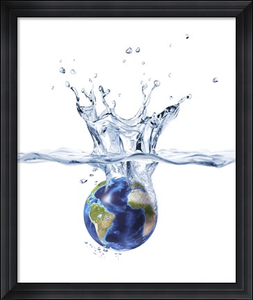 Framed Planet Earth Falling into Clear Water, Forming a Crown Splash Print