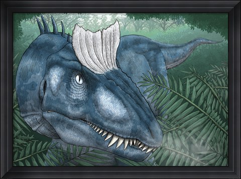 Framed Cryolophosaurus Walking through a Jurassic Forest Print