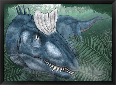 Framed Cryolophosaurus Walking through a Jurassic Forest Print