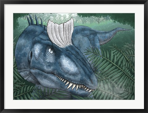 Framed Cryolophosaurus Walking through a Jurassic Forest Print