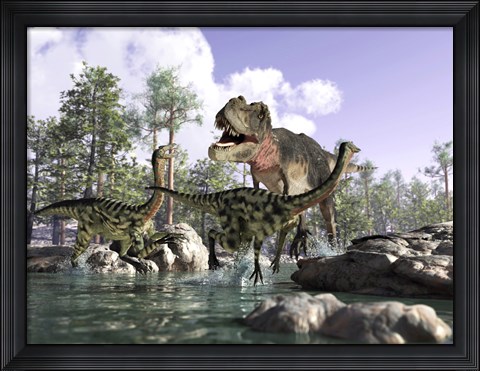 Framed Tyrannosaurus Rex Hunting two Gallimimus Dinosaurs in a River Print